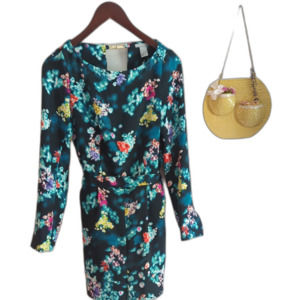 H&M Short Blue Teal Floral Long Sleeve Silky Romper Women's 4